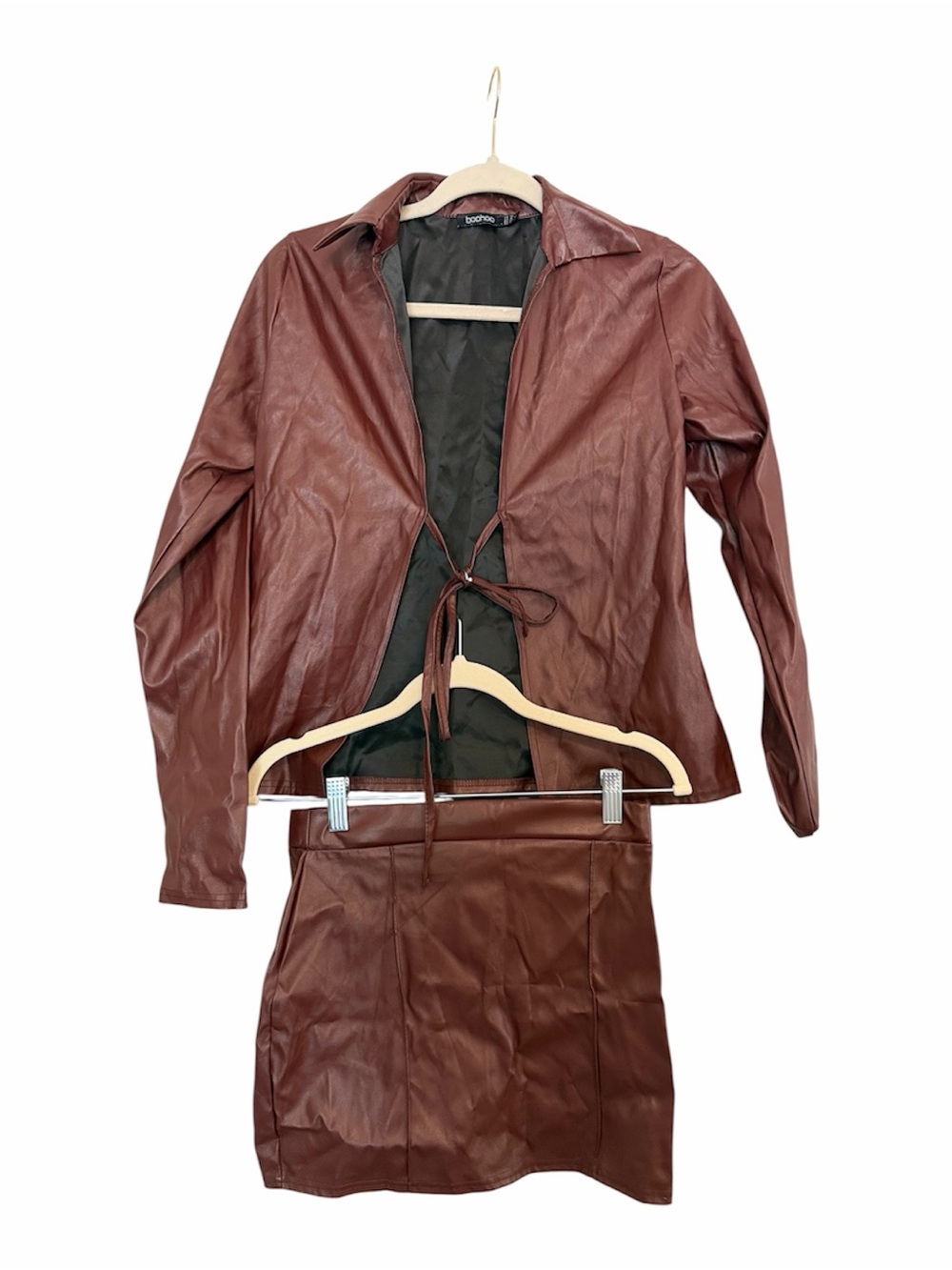 Boohoo Wine Faux Leather Jacket and Skirt Set